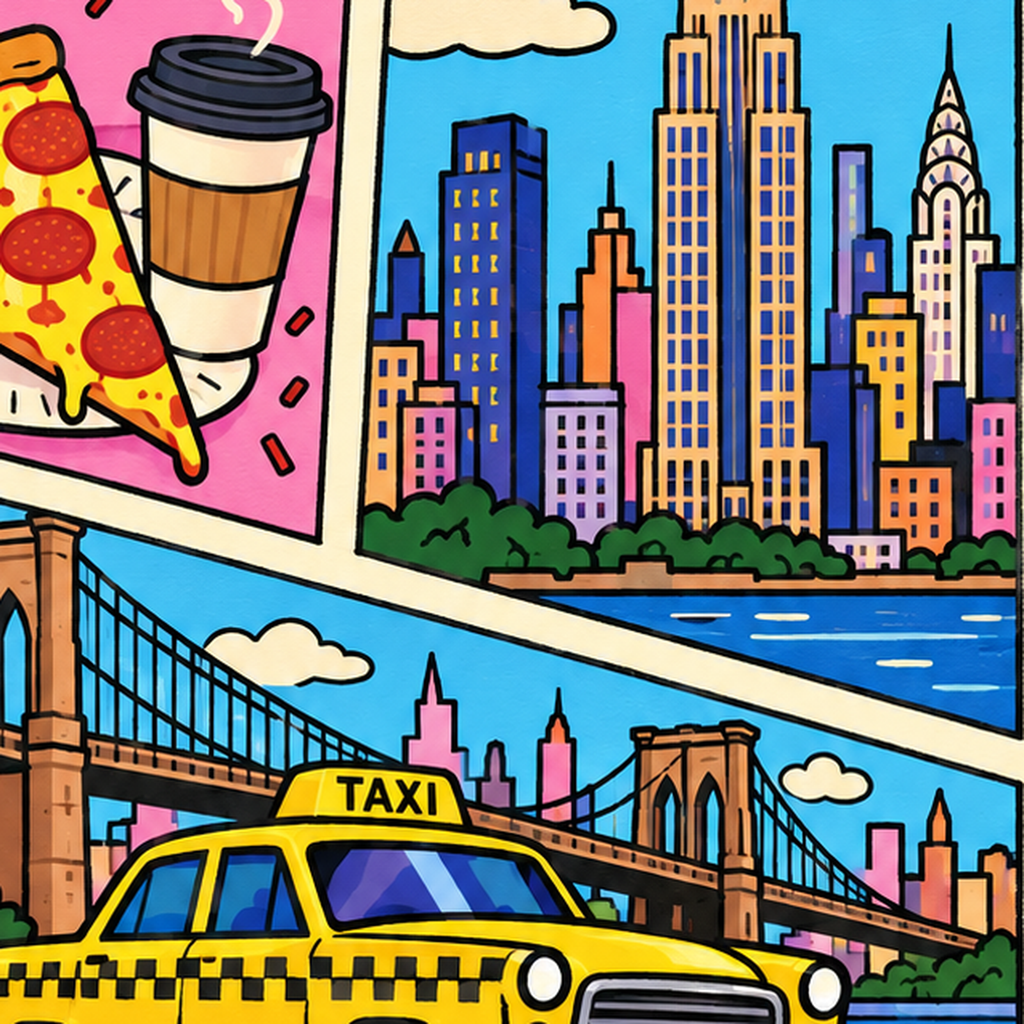 New York Pop-Art Poster – Renkli Şehir İllüstrasyonu — baskının yakın çekimi, kâğıt dokusu ve renk detayı