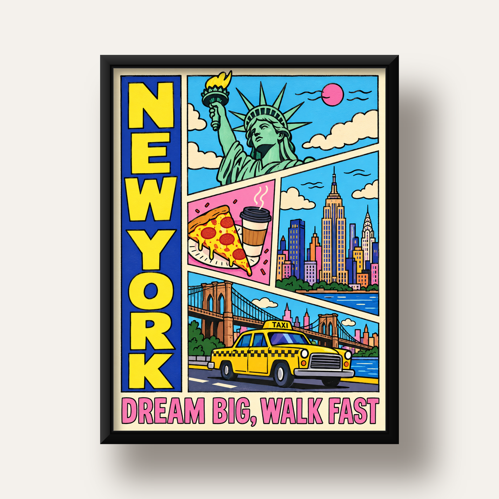 New York Pop-Art Poster – Renkli Şehir İllüstrasyonu — siyah derin çerçeveli