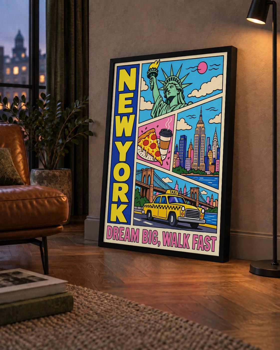 New York Pop-Art Poster – Renkli Şehir İllüstrasyonu — çerçeveli hâliyle bir ev duvarında