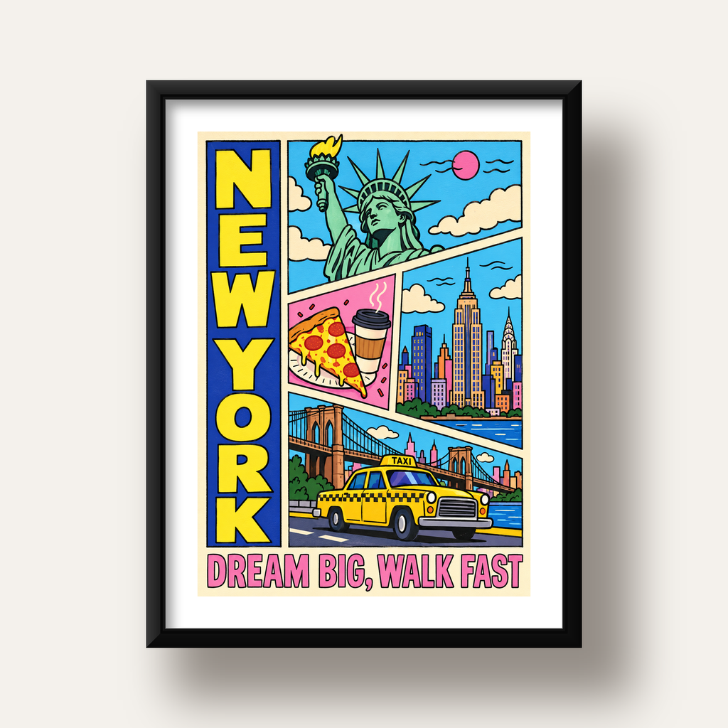 New York Pop-Art Poster – Renkli Şehir İllüstrasyonu — siyah derin çerçeveli paspartulu