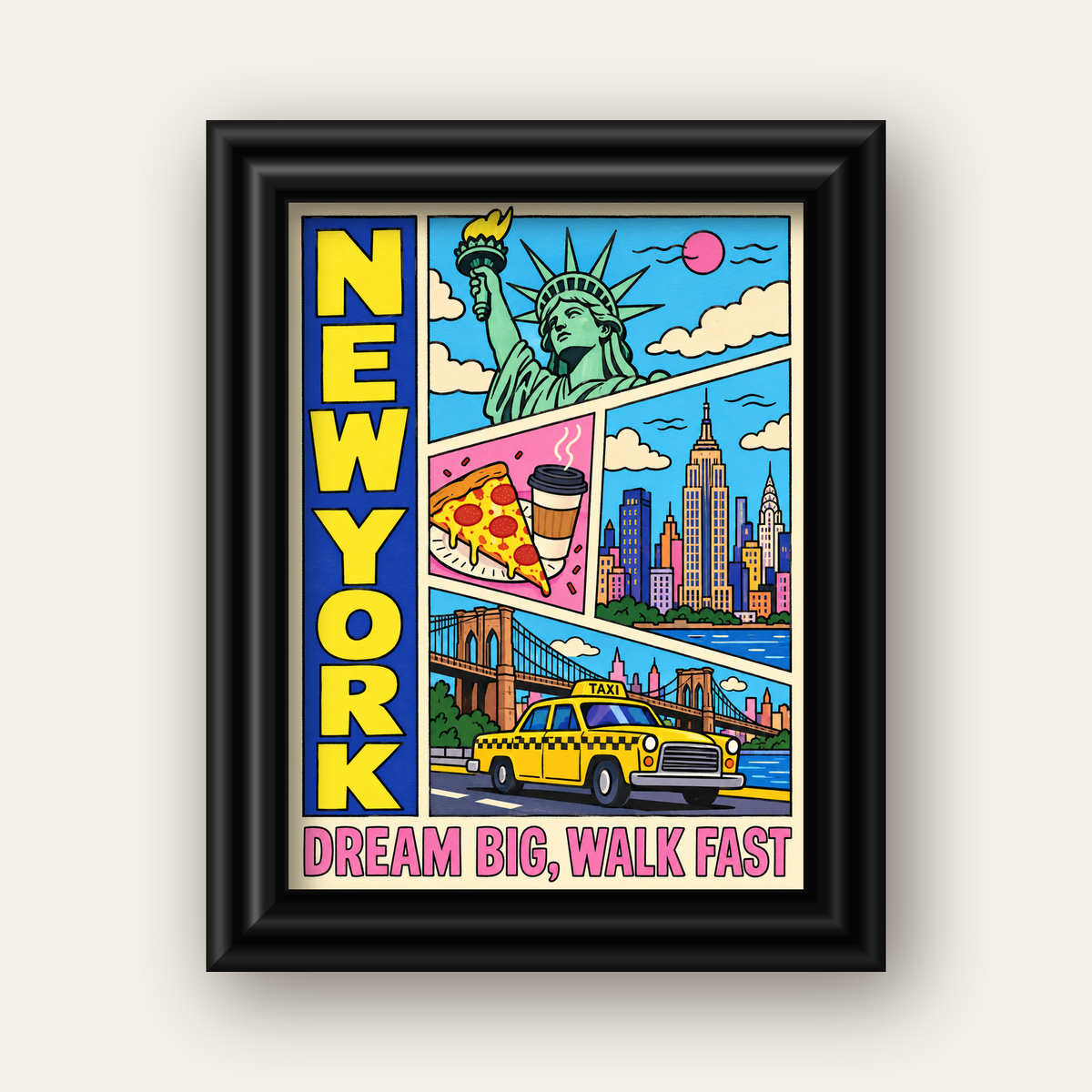 New York Pop-Art Poster – Renkli Şehir İllüstrasyonu — siyah galeri çerçeveli