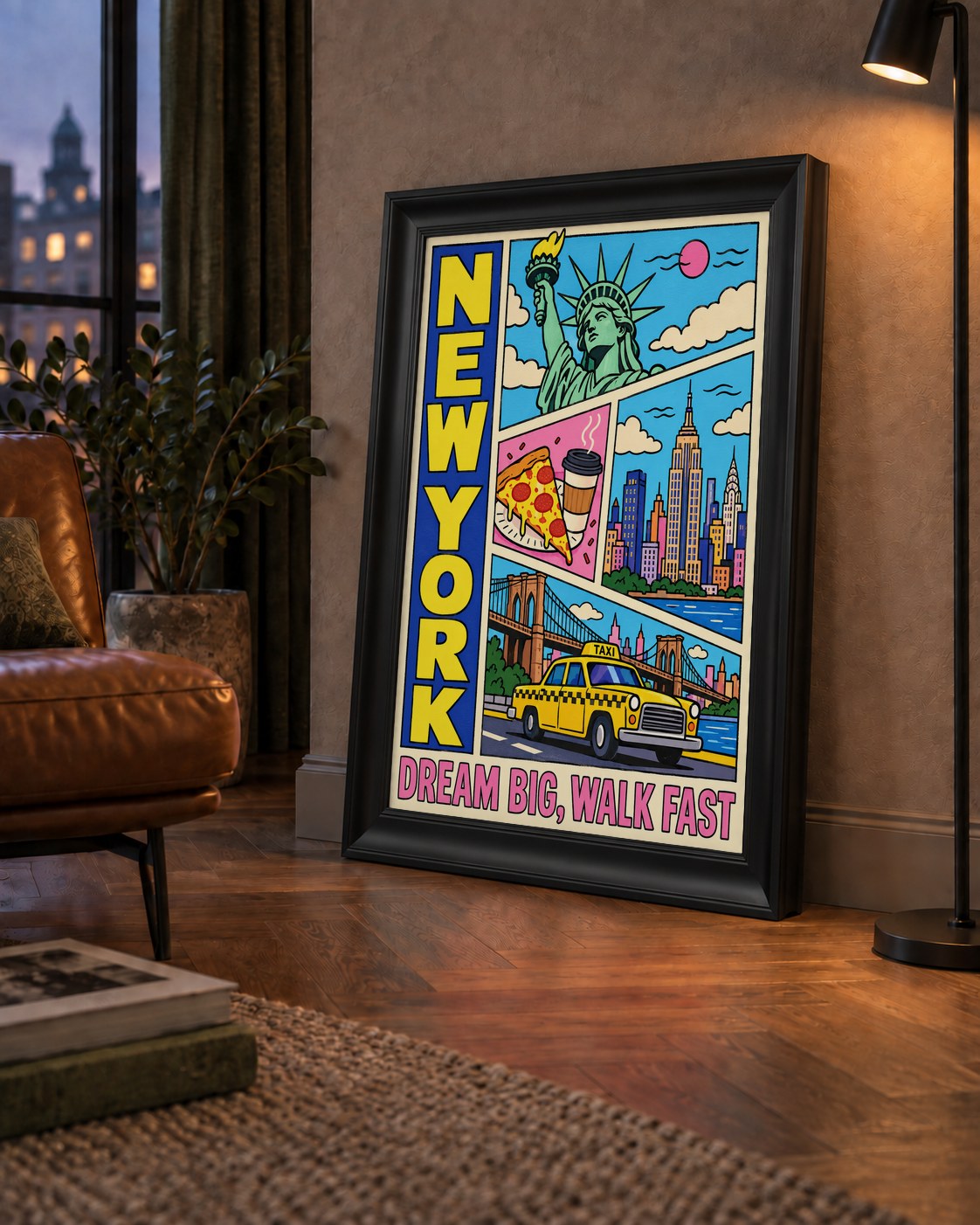 New York Pop-Art Poster – Renkli Şehir İllüstrasyonu — çerçeveli hâliyle bir ev duvarında