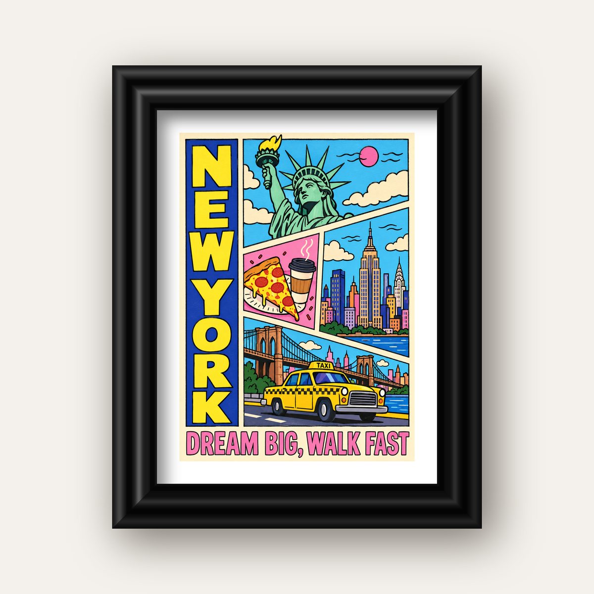 New York Pop-Art Poster – Renkli Şehir İllüstrasyonu — siyah galeri çerçeveli paspartulu