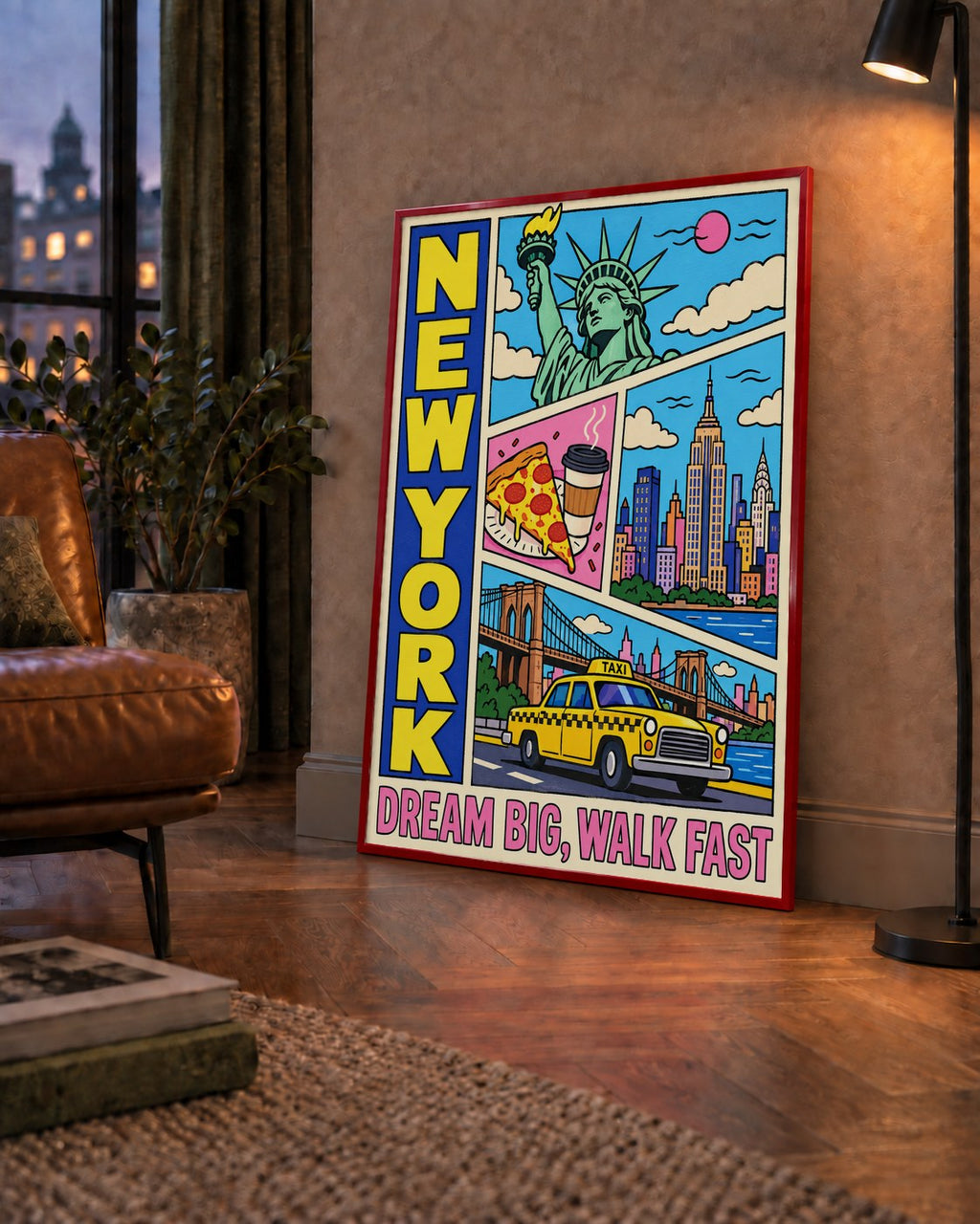 New York Pop-Art Poster – Renkli Şehir İllüstrasyonu — çerçeveli hâliyle bir ev duvarında