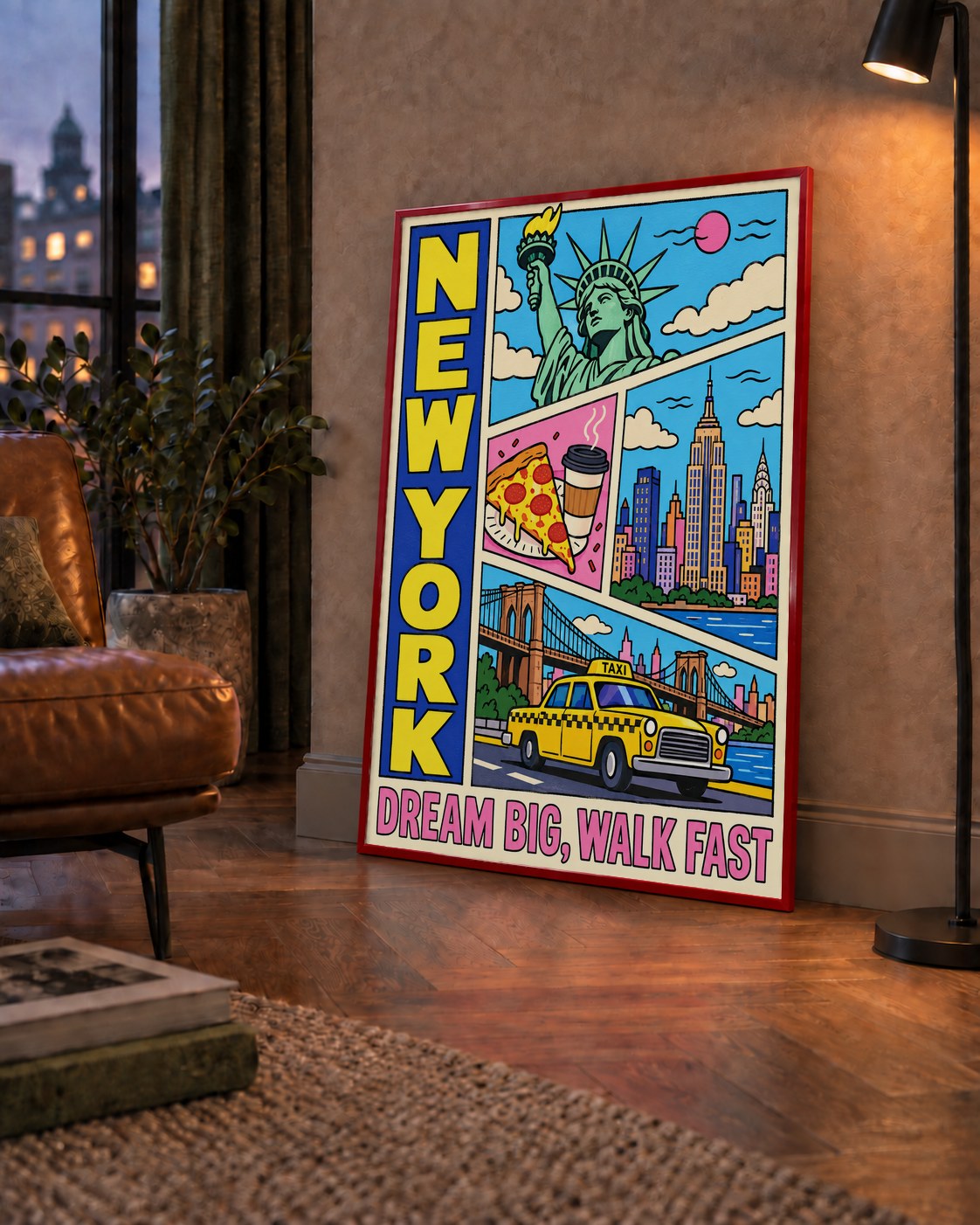 New York Pop-Art Poster – Renkli Şehir İllüstrasyonu — çerçeveli hâliyle bir ev duvarında