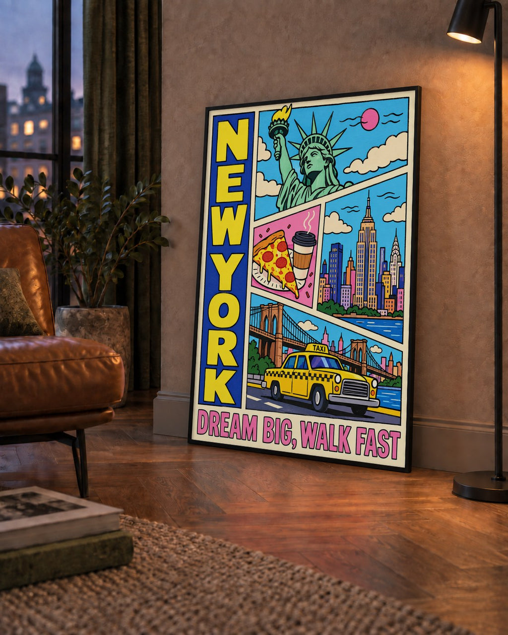 New York Pop-Art Poster – Renkli Şehir İllüstrasyonu — çerçeveli hâliyle bir ev duvarında
