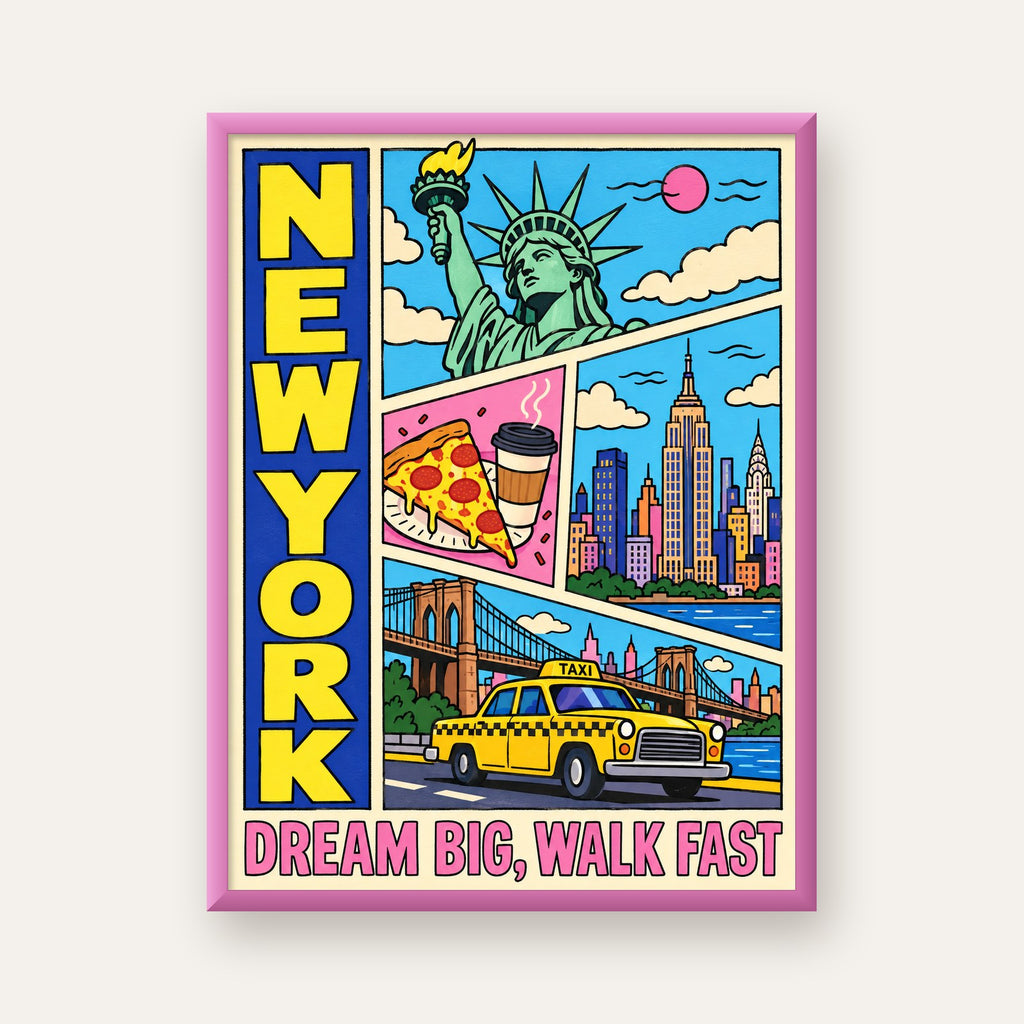 New York Pop-Art Poster – Renkli Şehir İllüstrasyonu — pembe çerçeveli