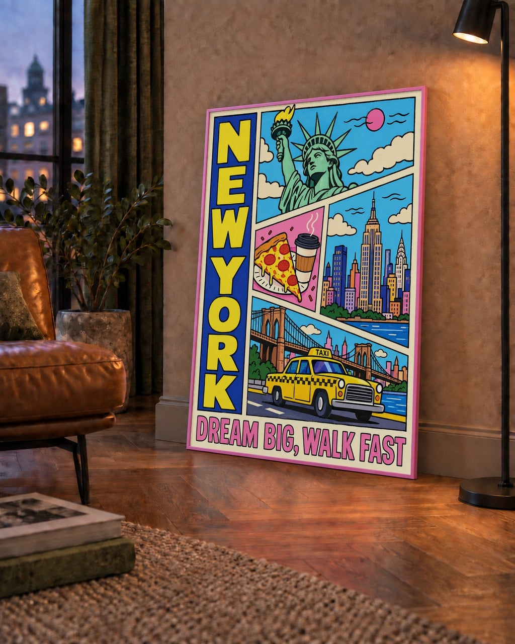 New York Pop-Art Poster – Renkli Şehir İllüstrasyonu — çerçeveli hâliyle bir ev duvarında