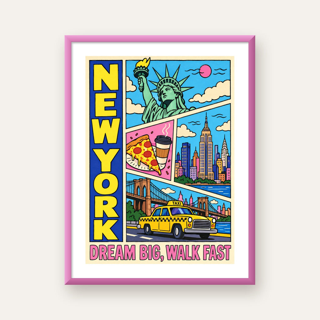 New York Pop-Art Poster – Renkli Şehir İllüstrasyonu — pembe çerçeveli paspartulu