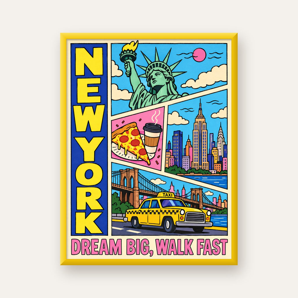 New York Pop-Art Poster – Renkli Şehir İllüstrasyonu — sarı çerçeveli