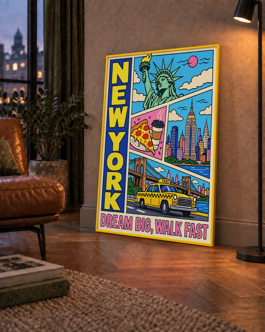 New York Pop-Art Poster – Renkli Şehir İllüstrasyonu — çerçeveli hâliyle bir ev duvarında