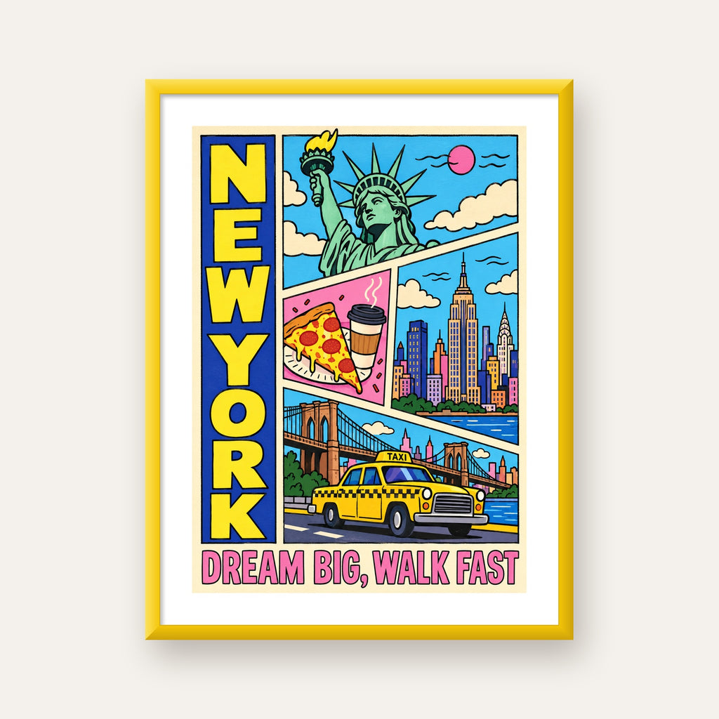 New York Pop-Art Poster – Renkli Şehir İllüstrasyonu — sarı çerçeveli paspartulu