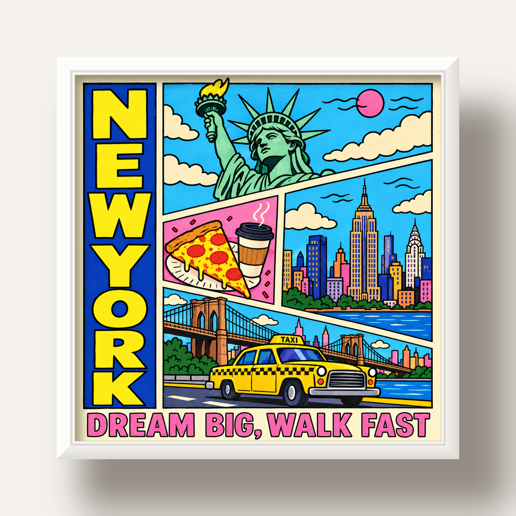 New York Pop-Art Poster – Renkli Şehir İllüstrasyonu — beyaz derin çerçeveli
