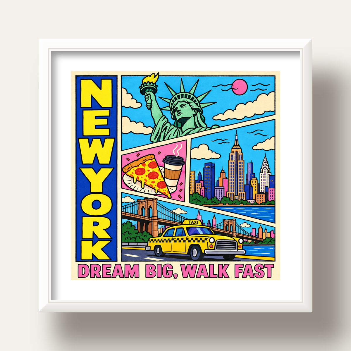 New York Pop-Art Poster – Renkli Şehir İllüstrasyonu — beyaz derin çerçeveli paspartulu