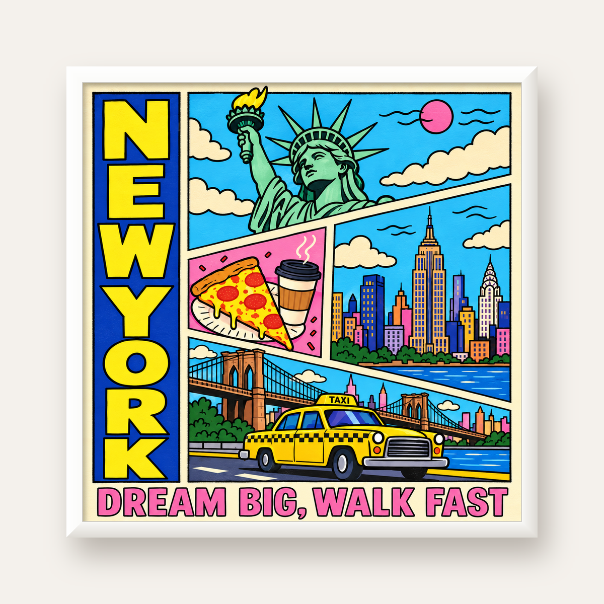 New York Pop-Art Poster – Renkli Şehir İllüstrasyonu — beyaz çerçeveli kare poster