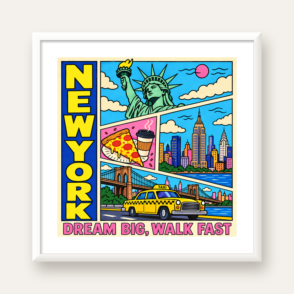 New York Pop-Art Poster – Renkli Şehir İllüstrasyonu — beyaz çerçeveli kare poster