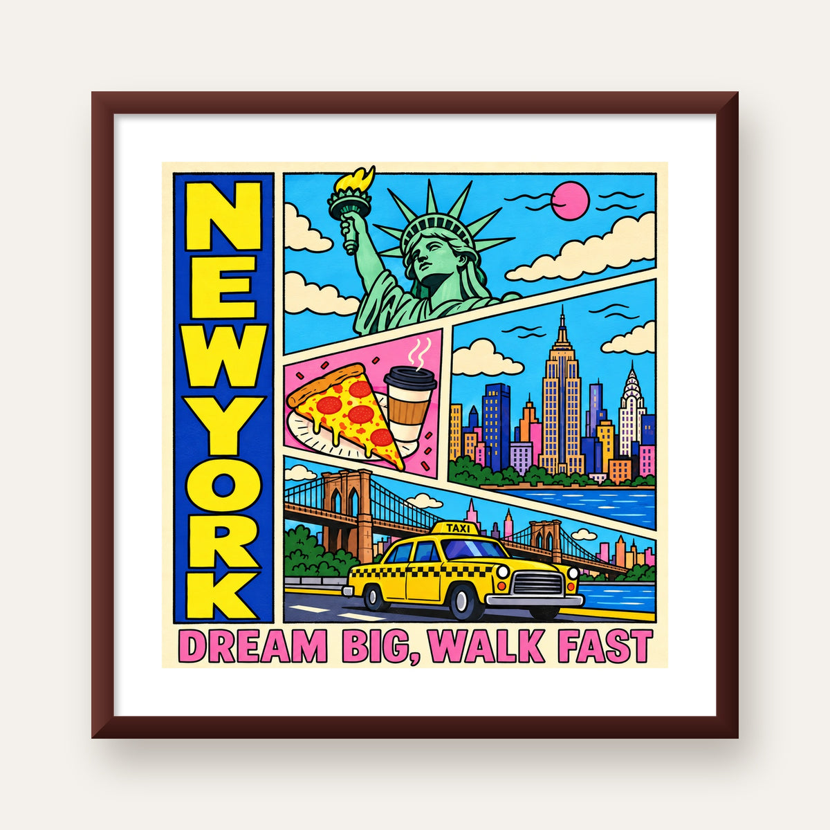 New York Pop-Art Poster – Renkli Şehir İllüstrasyonu — ceviz çerçeveli paspartulu