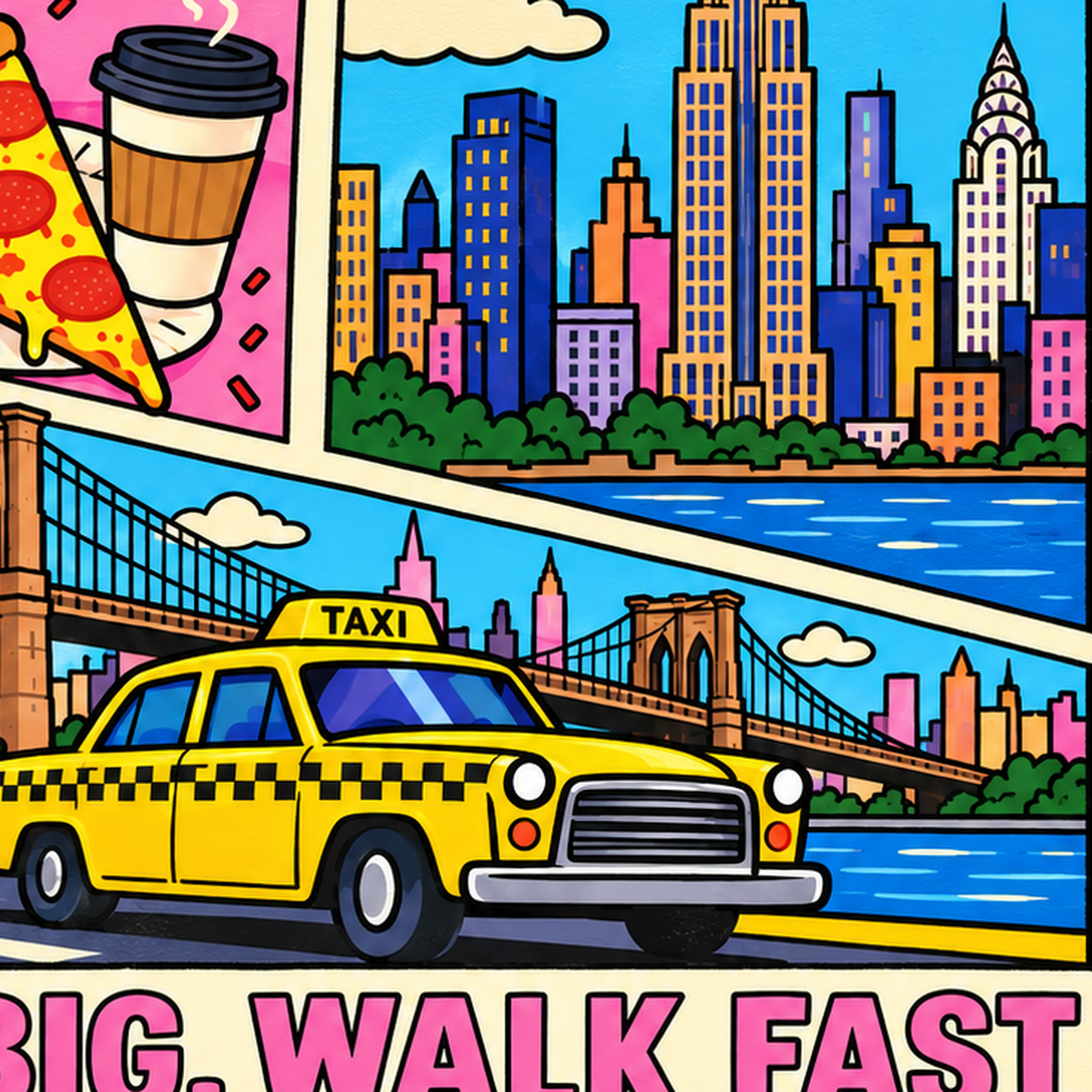 New York Pop-Art Poster – Renkli Şehir İllüstrasyonu — baskının yakın çekimi, kâğıt dokusu ve renk detayı