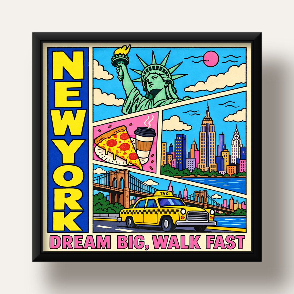New York Pop-Art Poster – Renkli Şehir İllüstrasyonu — siyah derin çerçeveli