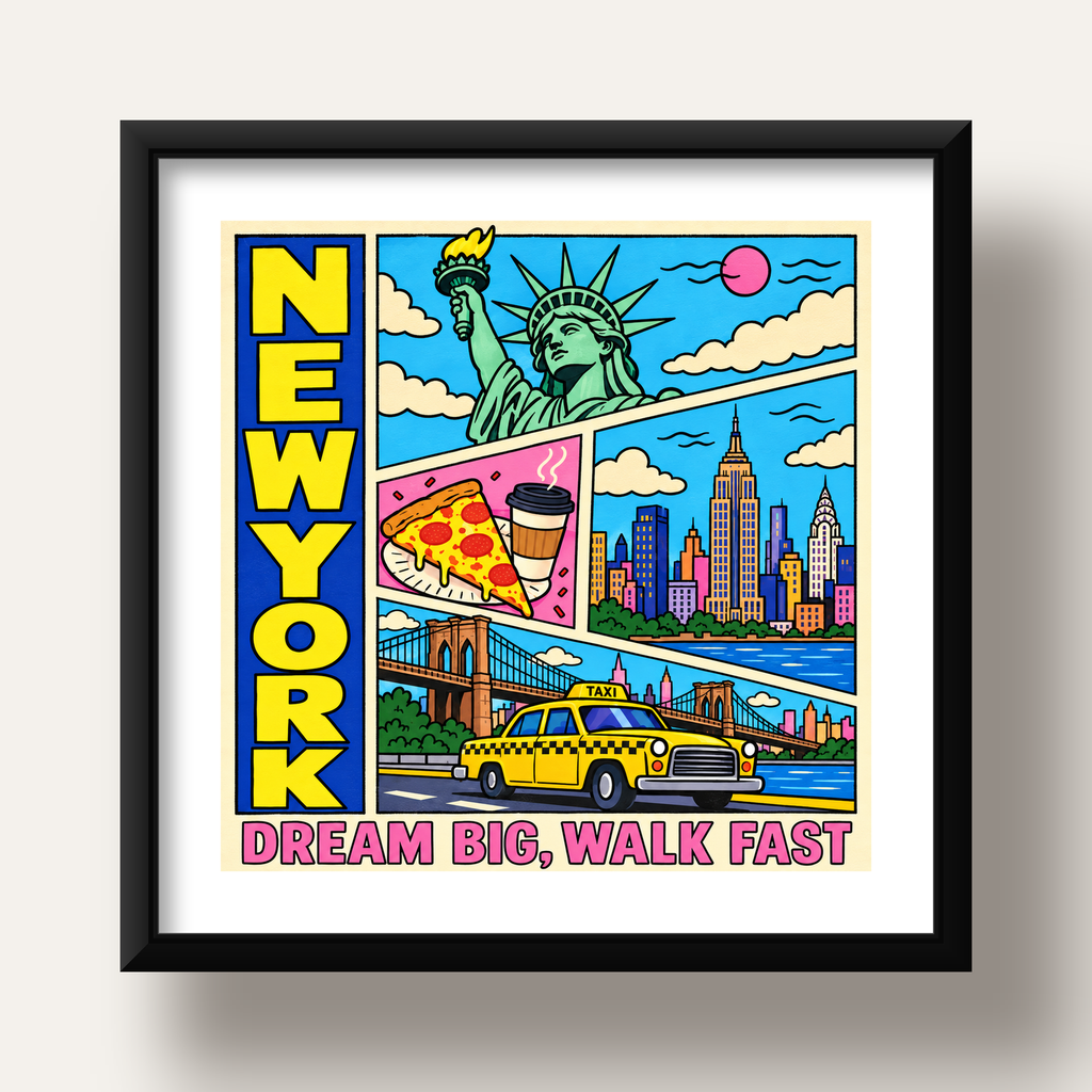 New York Pop-Art Poster – Renkli Şehir İllüstrasyonu — siyah derin çerçeveli paspartulu