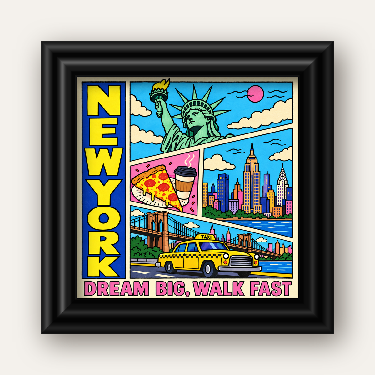 New York Pop-Art Poster – Renkli Şehir İllüstrasyonu — siyah galeri çerçeveli