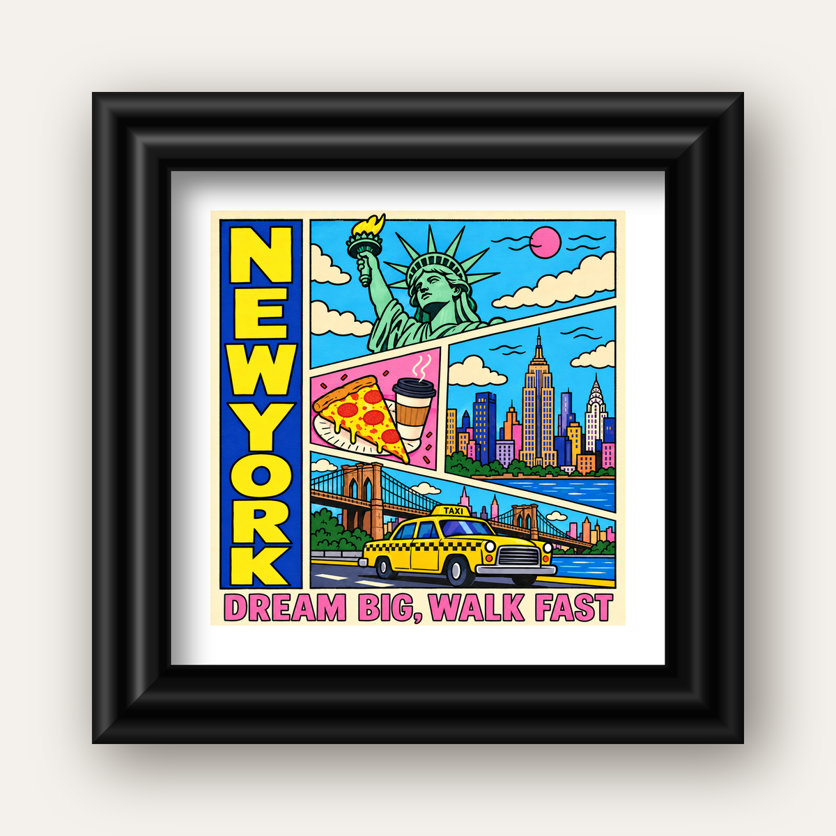 New York Pop-Art Poster – Renkli Şehir İllüstrasyonu — siyah galeri çerçeveli paspartulu