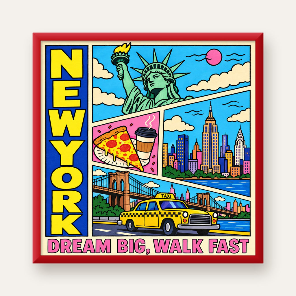 New York Pop-Art Poster – Renkli Şehir İllüstrasyonu — kırmızı çerçeveli