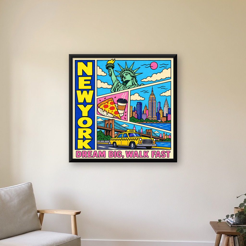 New York Pop-Art Poster – Renkli Şehir İllüstrasyonu — Kare baskı, çerçeveli hâliyle bir ev duvarında