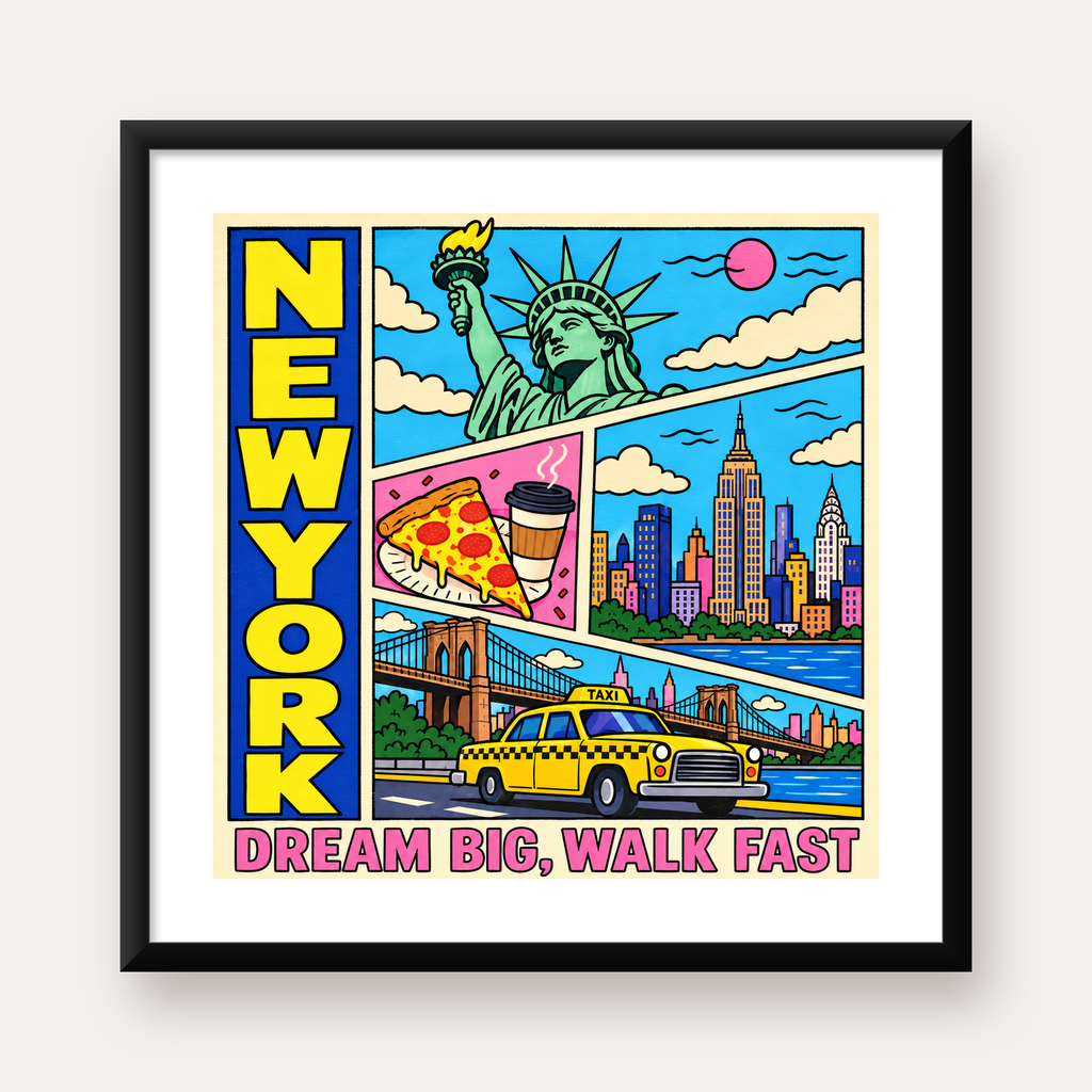 New York Pop-Art Poster – Renkli Şehir İllüstrasyonu — Kare baskı, beyaz paspartulu