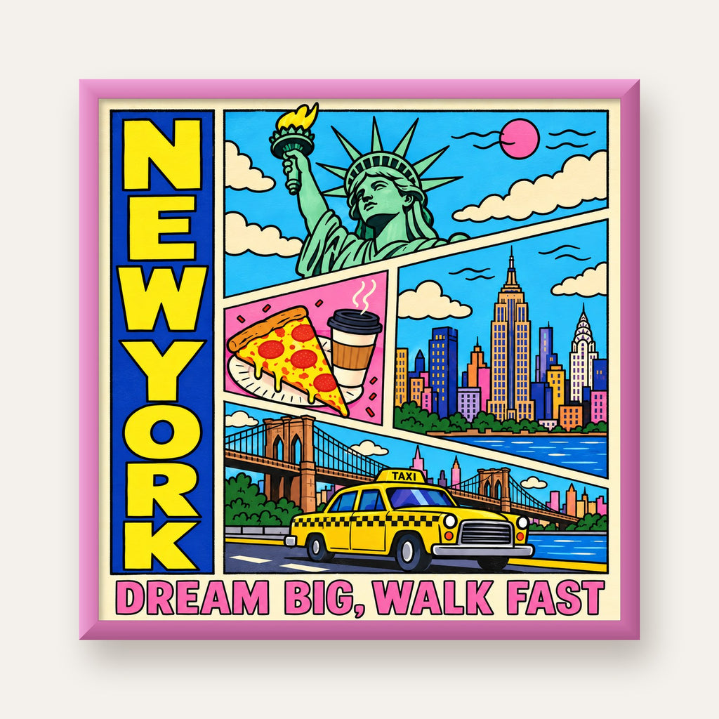 New York Pop-Art Poster – Renkli Şehir İllüstrasyonu — pembe çerçeveli