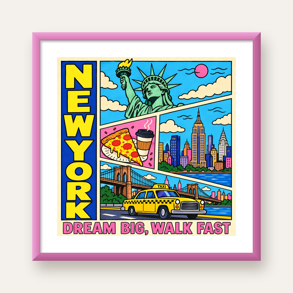 New York Pop-Art Poster – Renkli Şehir İllüstrasyonu — pembe çerçeveli paspartulu