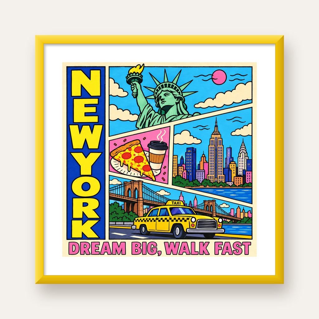 New York Pop-Art Poster – Renkli Şehir İllüstrasyonu — sarı çerçeveli paspartulu
