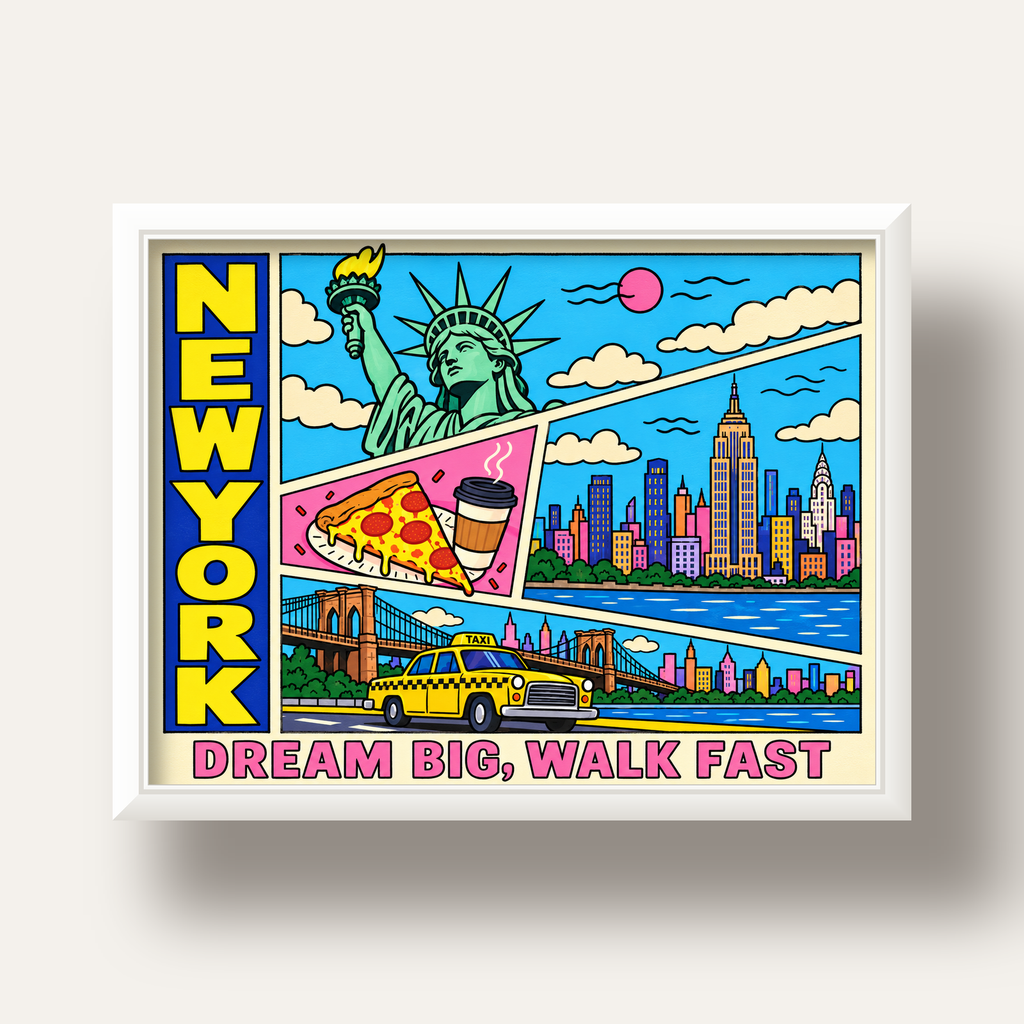 New York Pop-Art Poster – Renkli Şehir İllüstrasyonu — beyaz derin çerçeveli