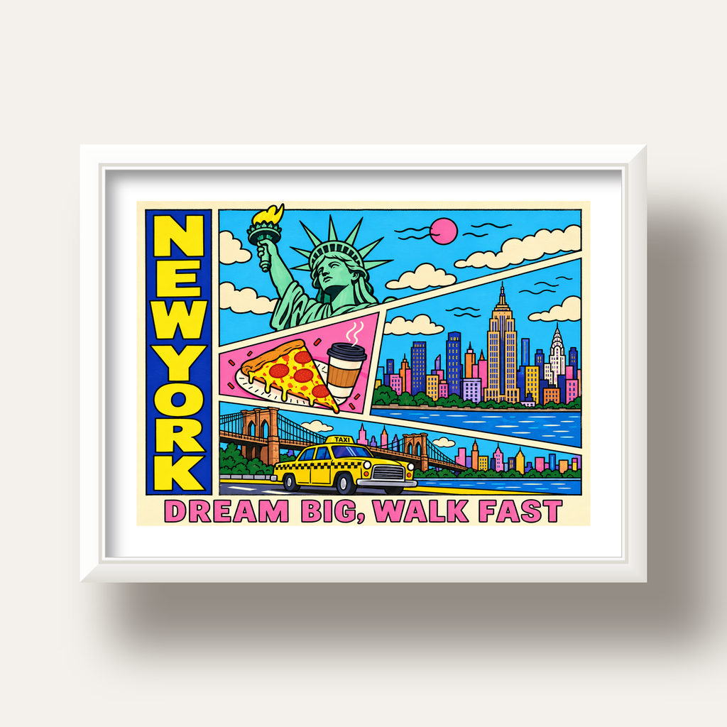 New York Pop-Art Poster – Renkli Şehir İllüstrasyonu — beyaz derin çerçeveli paspartulu
