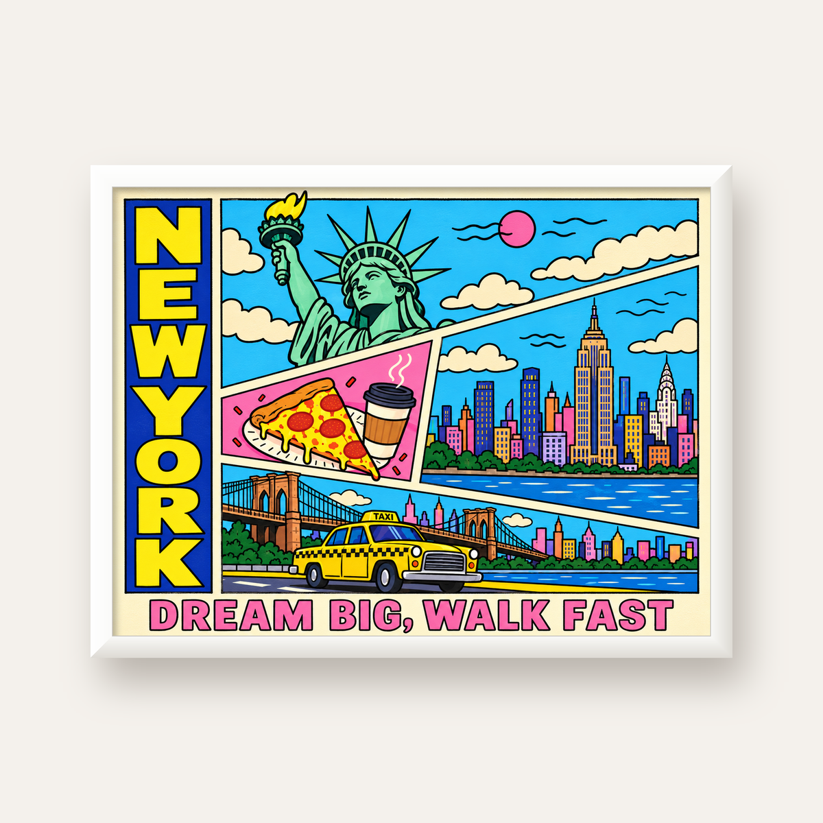 New York Pop-Art Poster – Renkli Şehir İllüstrasyonu — beyaz çerçeveli yatay poster