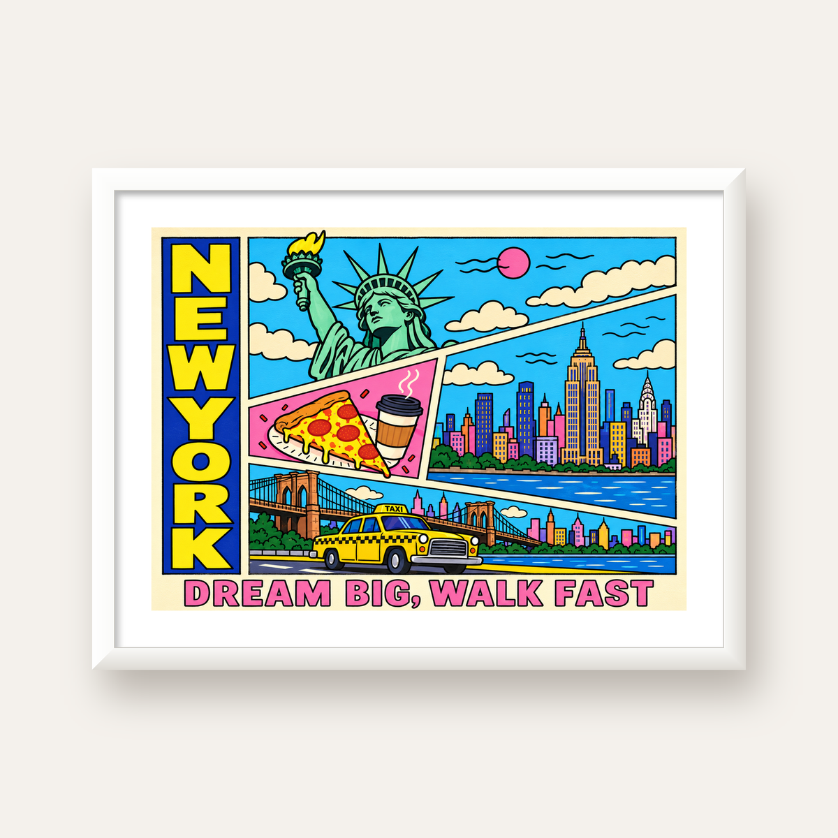New York Pop-Art Poster – Renkli Şehir İllüstrasyonu — beyaz çerçeveli yatay poster