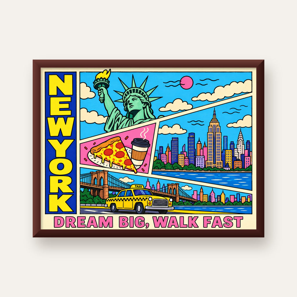 New York Pop-Art Poster – Renkli Şehir İllüstrasyonu — ceviz çerçeveli