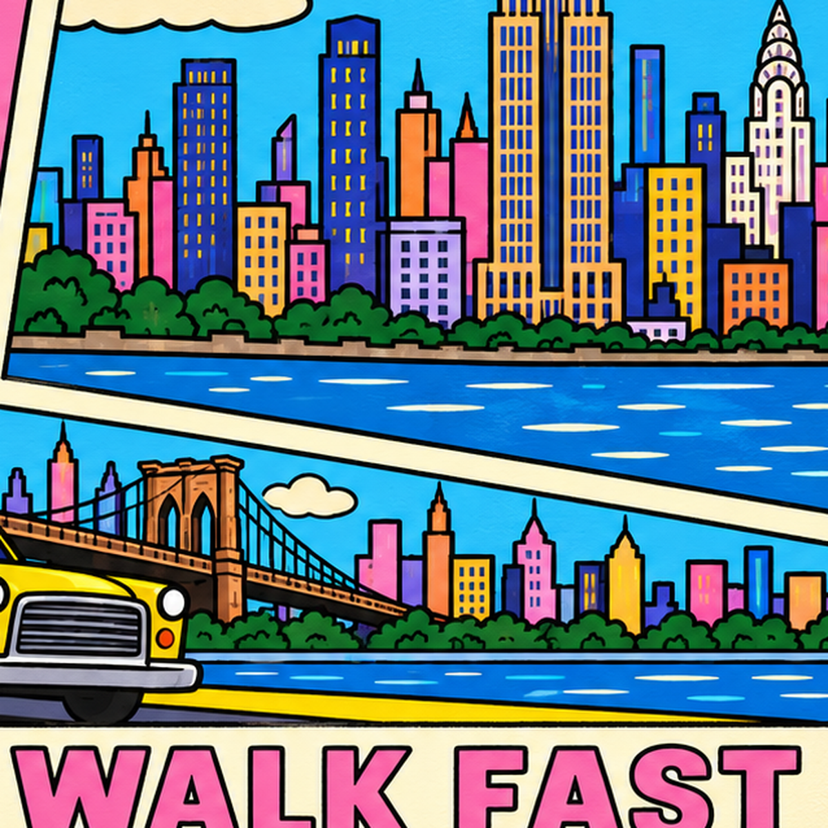 New York Pop-Art Poster – Renkli Şehir İllüstrasyonu — baskının yakın çekimi, kâğıt dokusu ve renk detayı