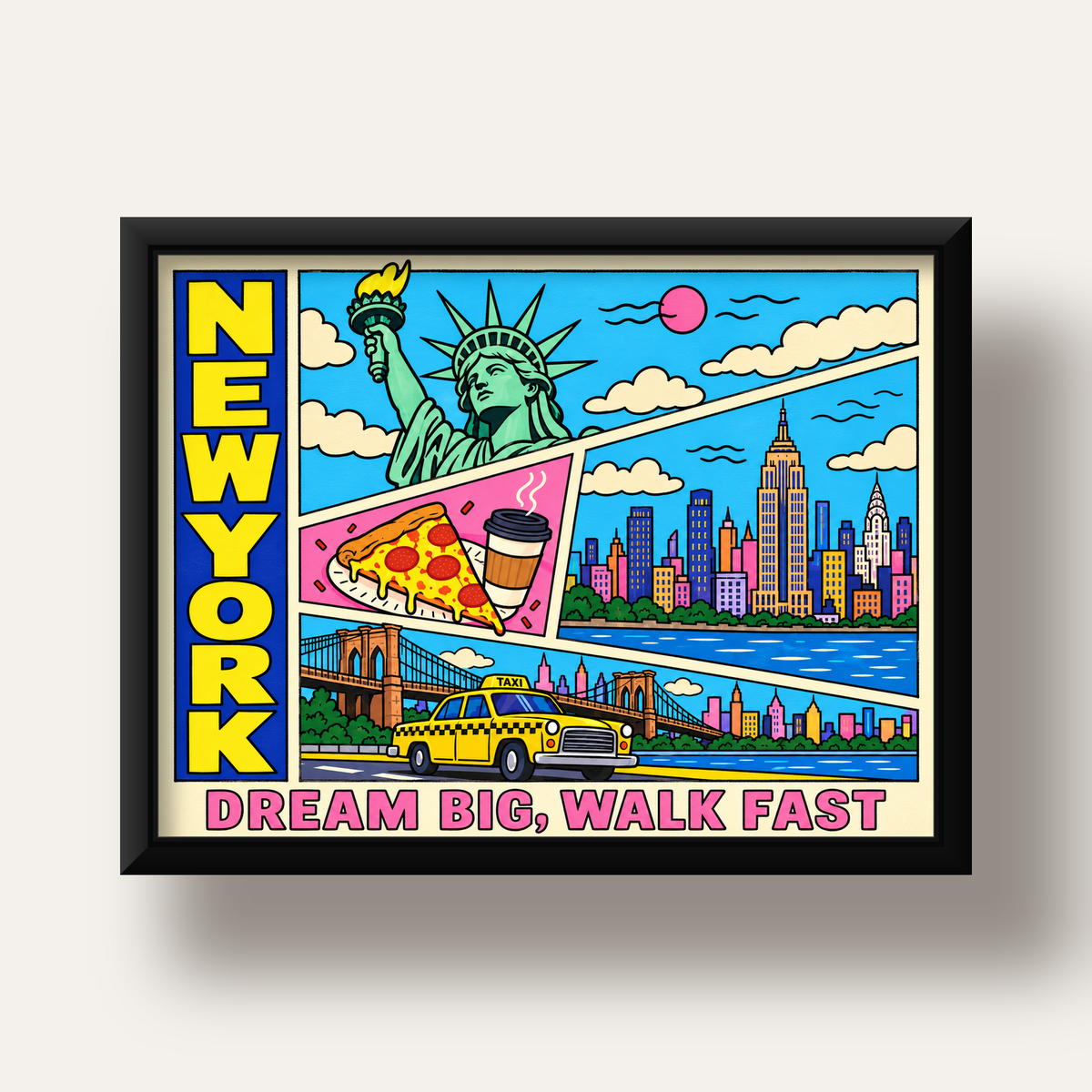 New York Pop-Art Poster – Renkli Şehir İllüstrasyonu — siyah derin çerçeveli