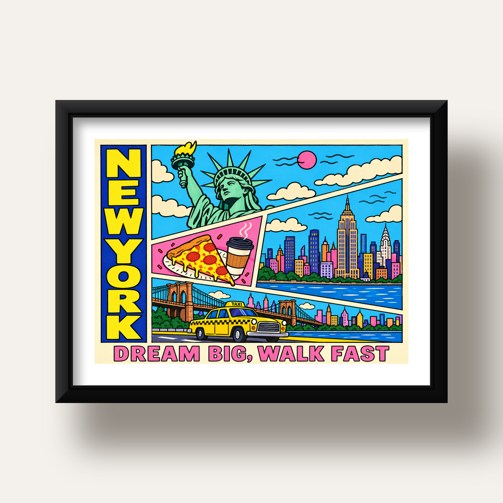 New York Pop-Art Poster – Renkli Şehir İllüstrasyonu — siyah derin çerçeveli paspartulu