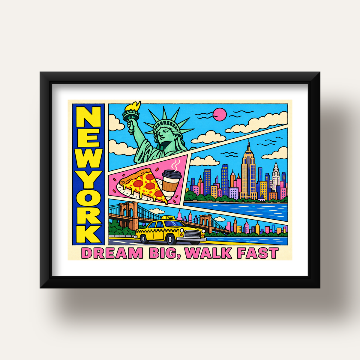 New York Pop-Art Poster – Renkli Şehir İllüstrasyonu — siyah derin çerçeveli paspartulu