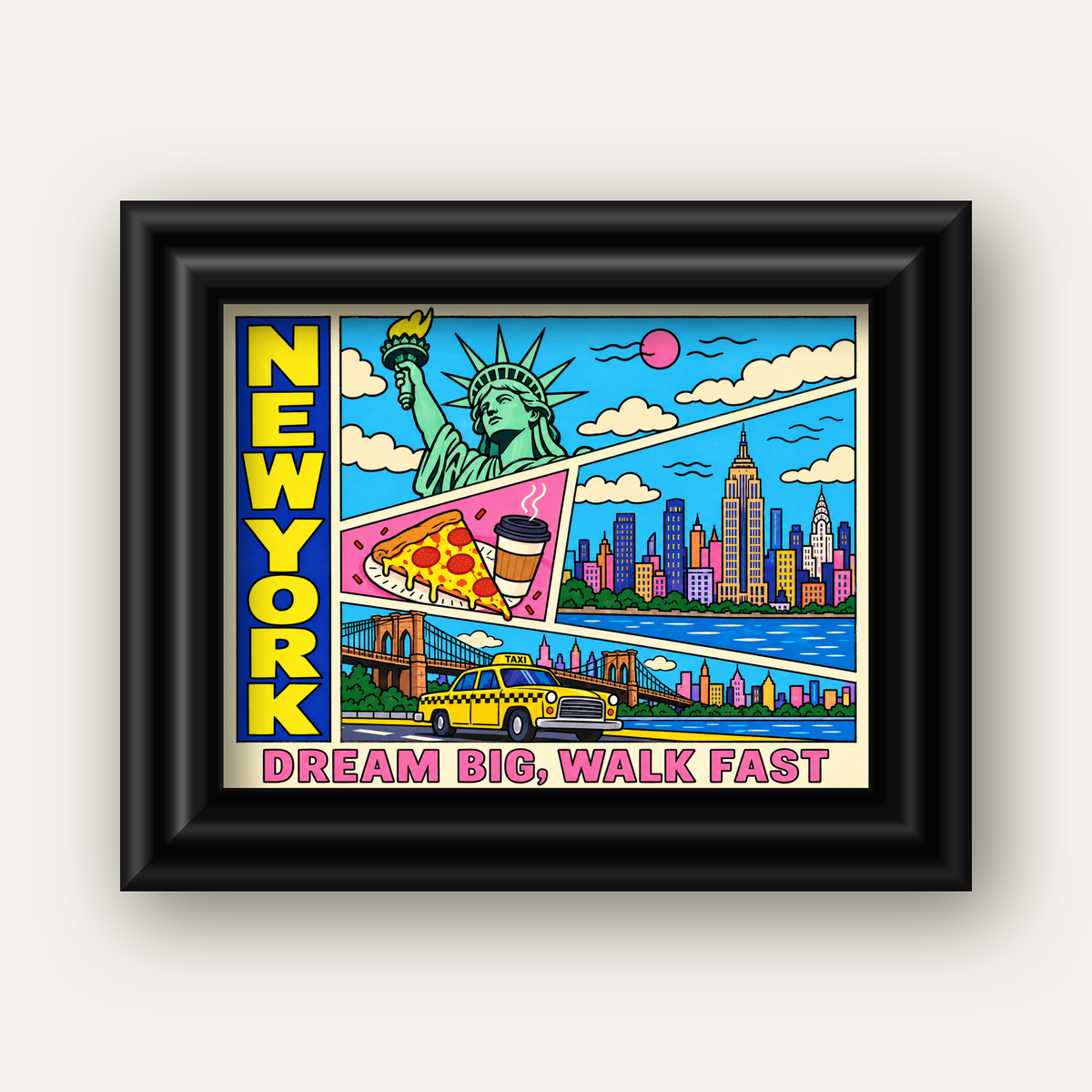 New York Pop-Art Poster – Renkli Şehir İllüstrasyonu — siyah galeri çerçeveli