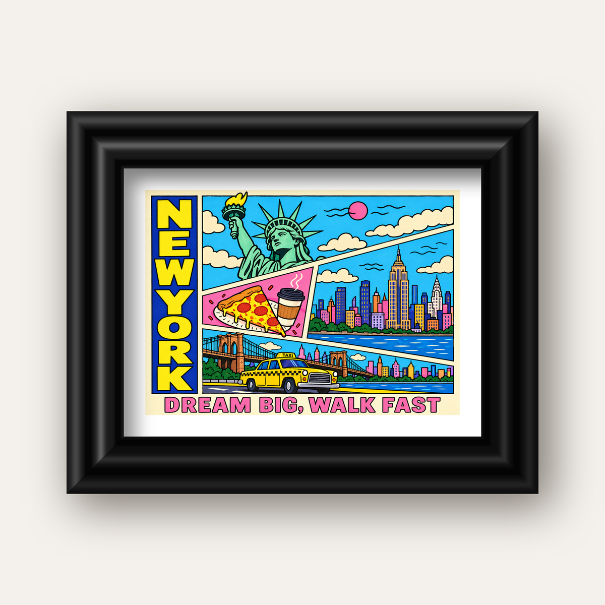 New York Pop-Art Poster – Renkli Şehir İllüstrasyonu — siyah galeri çerçeveli paspartulu