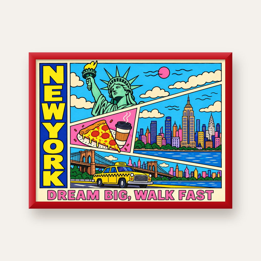 New York Pop-Art Poster – Renkli Şehir İllüstrasyonu — kırmızı çerçeveli