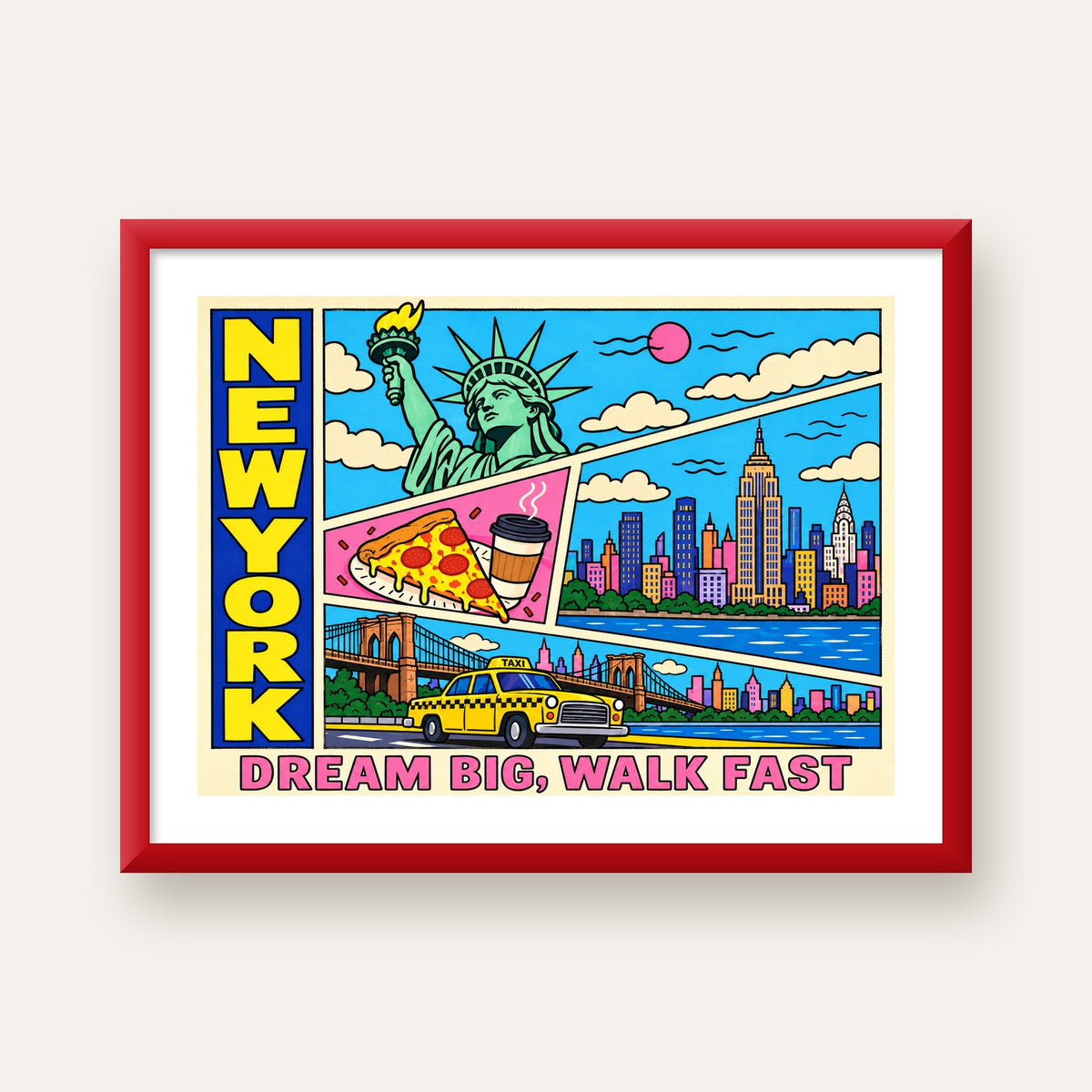 New York Pop-Art Poster – Renkli Şehir İllüstrasyonu — kırmızı çerçeveli paspartulu