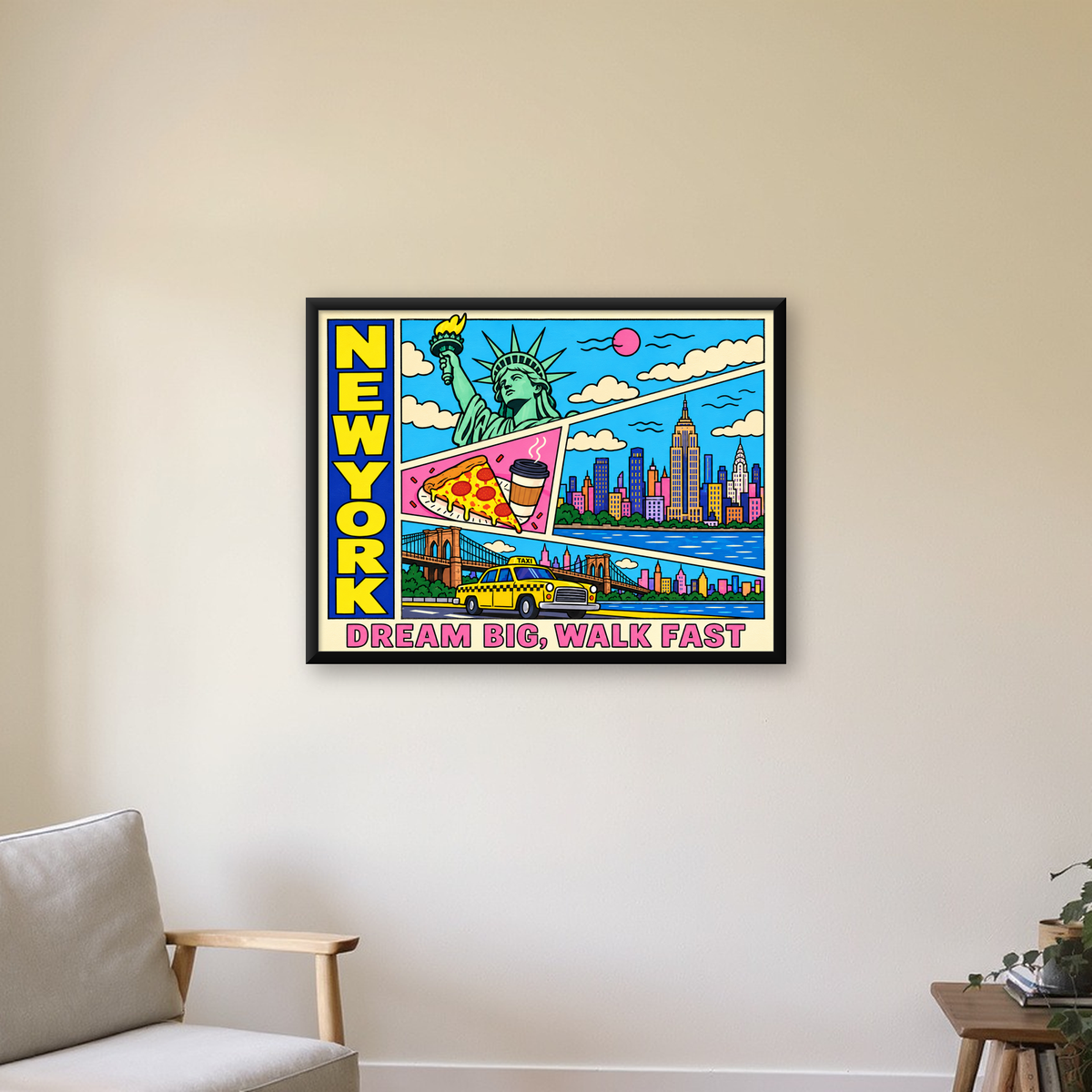 New York Pop-Art Poster – Renkli Şehir İllüstrasyonu — Yatay baskı, çerçeveli hâliyle bir ev duvarında