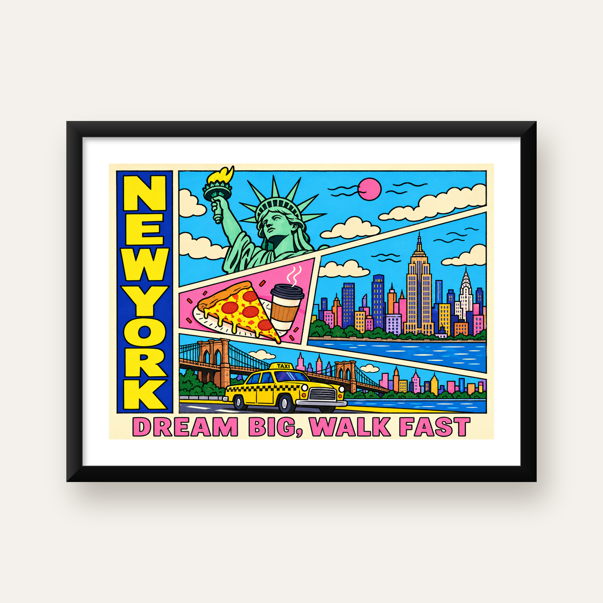 New York Pop-Art Poster – Renkli Şehir İllüstrasyonu — Yatay baskı, beyaz paspartulu