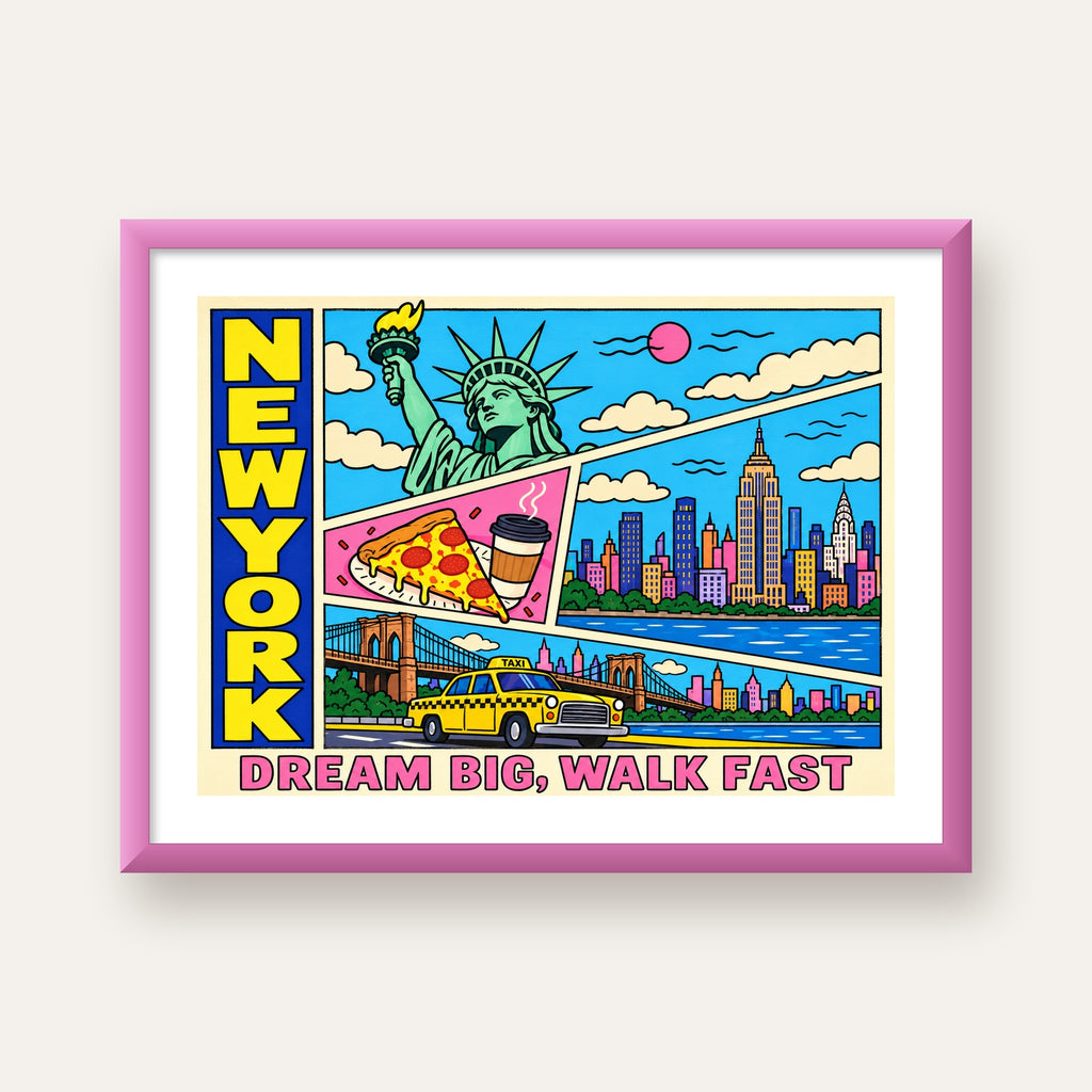 New York Pop-Art Poster – Renkli Şehir İllüstrasyonu — pembe çerçeveli paspartulu