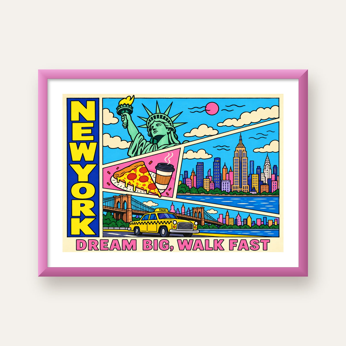 New York Pop-Art Poster – Renkli Şehir İllüstrasyonu — pembe çerçeveli paspartulu