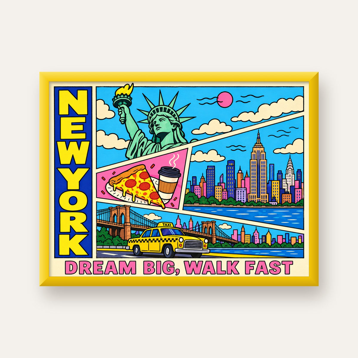 New York Pop-Art Poster – Renkli Şehir İllüstrasyonu — sarı çerçeveli